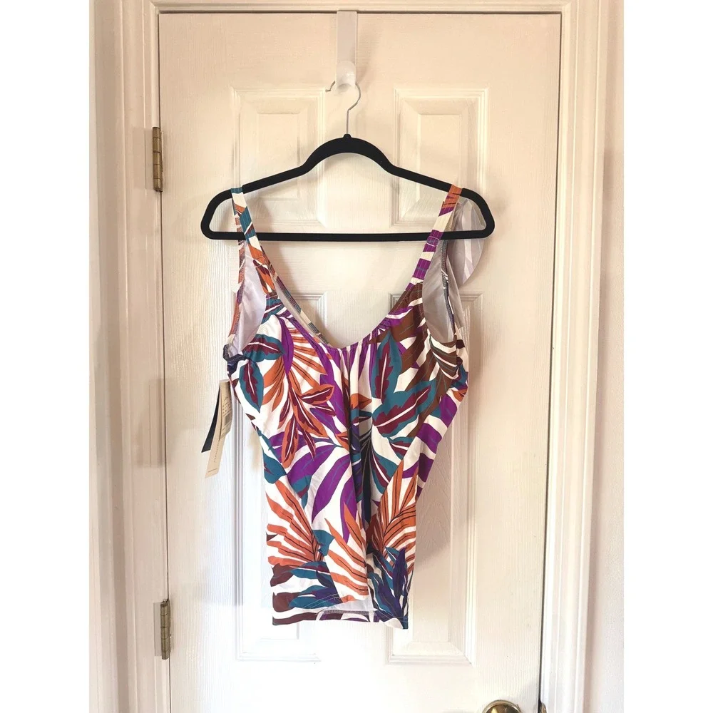 Gottex Ruffle V Neck Tankini Top Tropical Leaf Multi Color Size 14 E26071B78 NEW